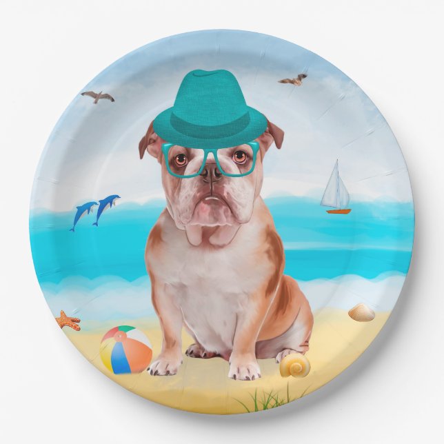 English Bulldog on Beach Paper Plates (Front)