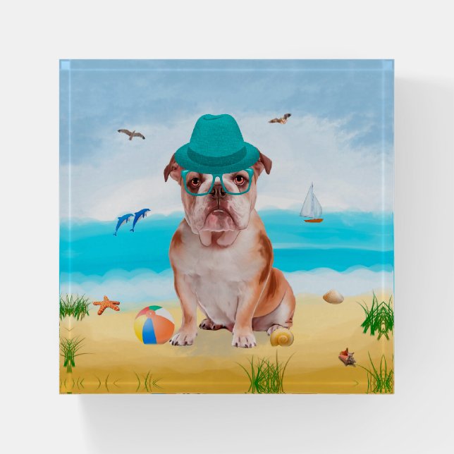 English Bulldog on Beach Paperweight (Front)