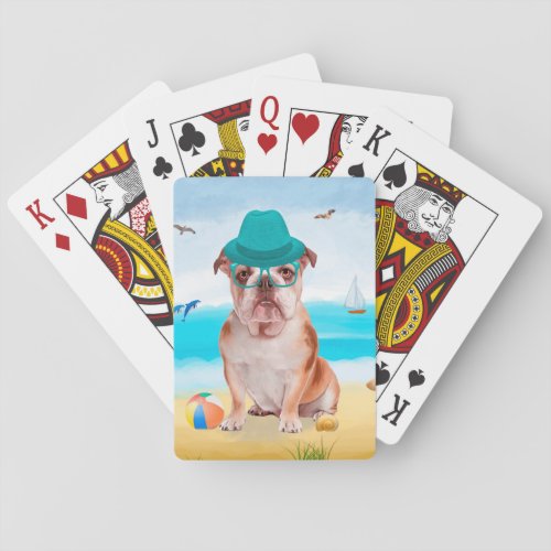 English Bulldog on Beach Playing Cards