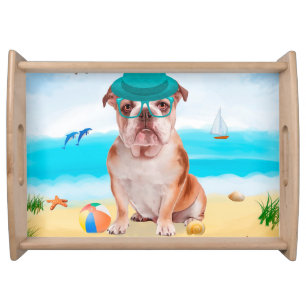 English Bulldog on Beach Serving Tray