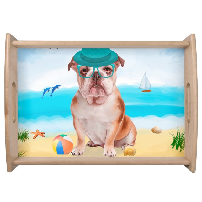 English Bulldog on Beach Serving Tray (Front)