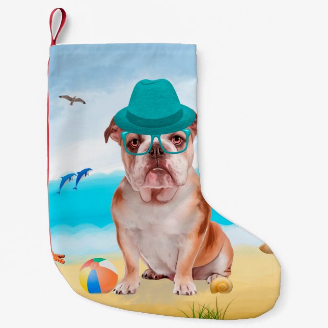 English Bulldog on Beach Small Christmas Stocking (Front)
