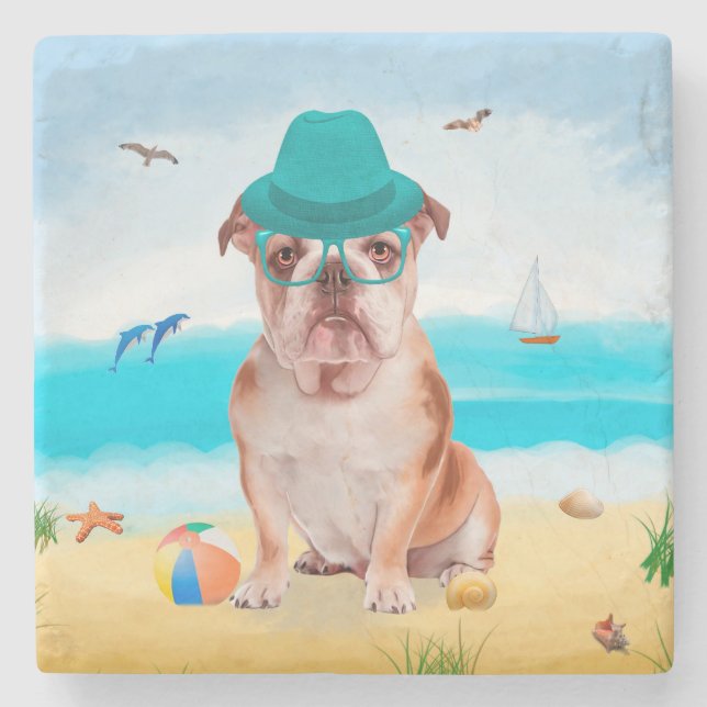 English Bulldog on Beach Stone Coaster (Front)