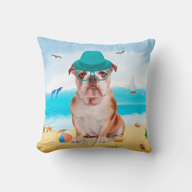 English Bulldog on Beach Throw Pillow (Front)