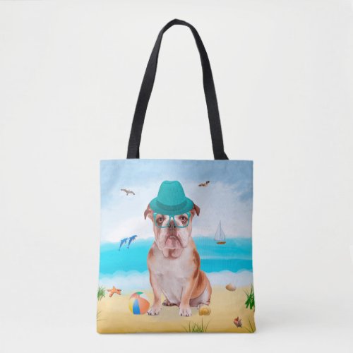 English Bulldog on Beach Tote Bag