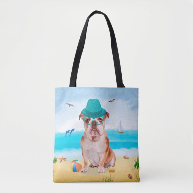 English Bulldog on Beach Tote Bag (Front)