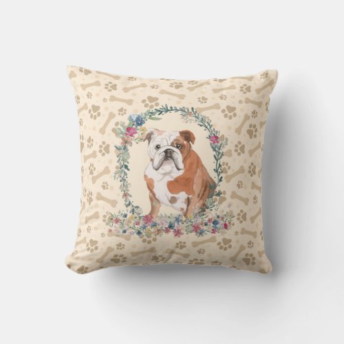 English Bulldog Paw Print  Floral Cute Throw Pillow