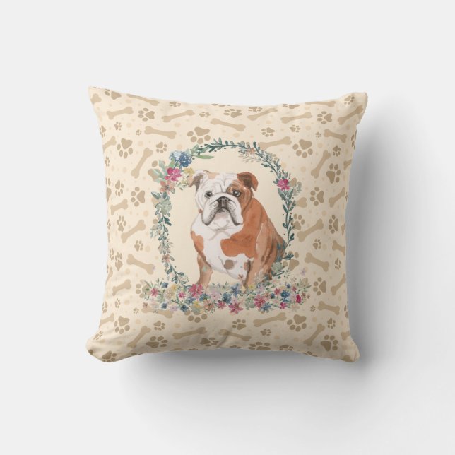 English Bulldog Paw Print & Floral Cute Throw Pillow (Front)