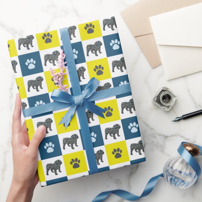 English Bulldog & Paw Silhouette Yellow&Blue Grid Wrapping Paper (Gifting)