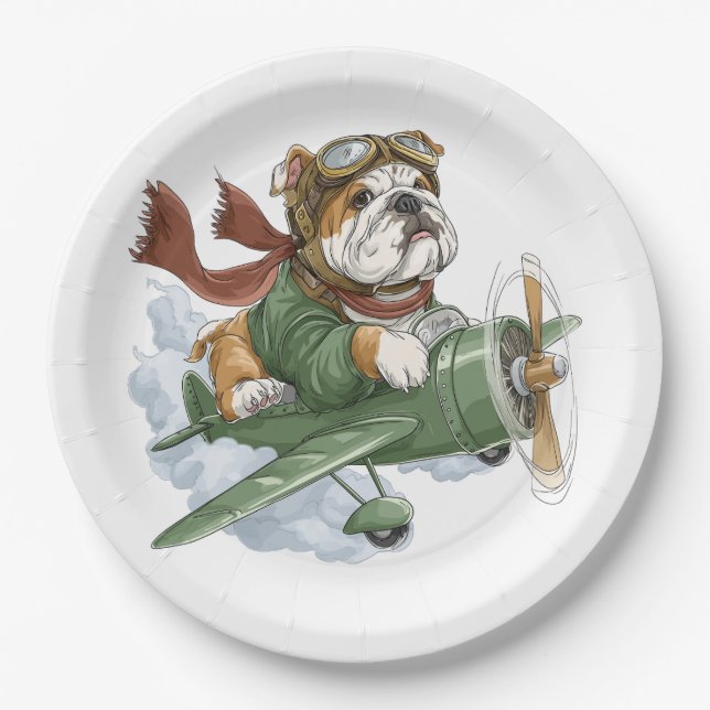 English Bulldog Pilot Airplane Paper Plates (Front)