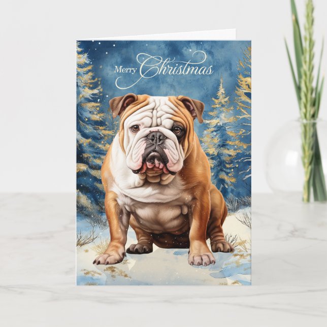 English Bulldog Pine Winter Forest Christmas Holiday Card (Front)