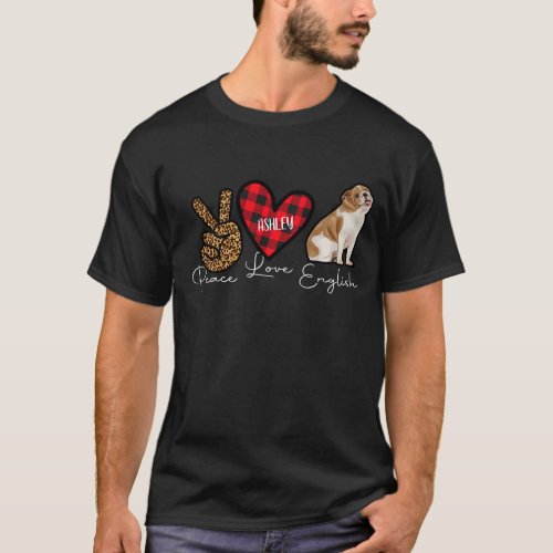 English Bulldog Plaid Peace Love Cute Dog T_Shirt