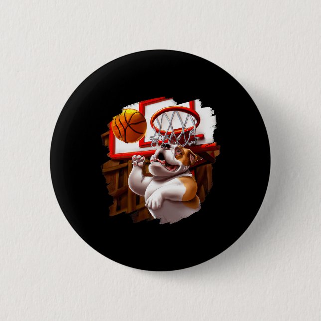 English Bulldog Playing Basketball Fun Dog Basketb Button (Front)