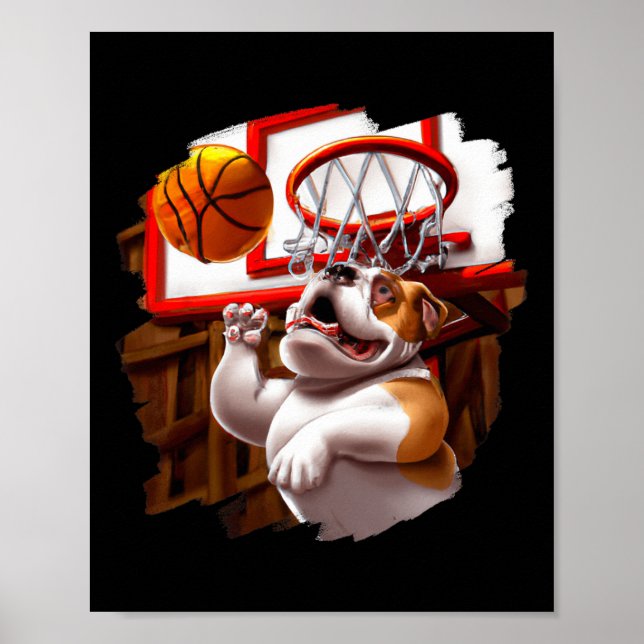 English Bulldog Playing Basketball Fun Dog Basketb Poster (Front)