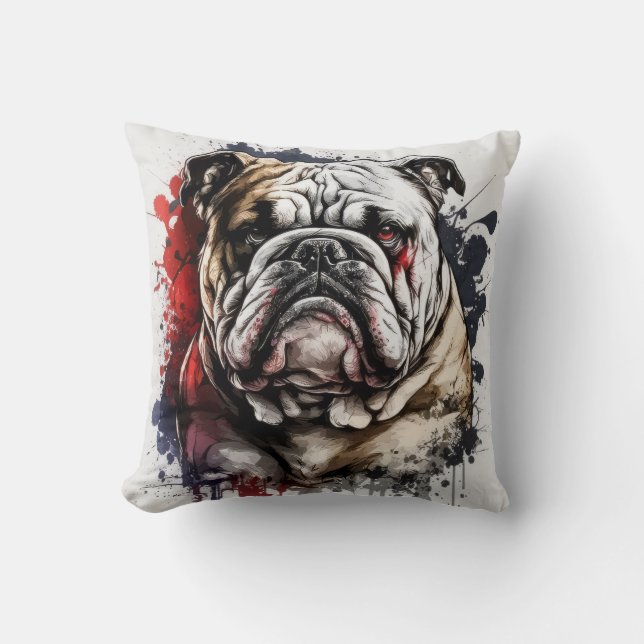 English Bulldog Portrait Animal Painting Pet Dog  Throw Pillow (Front)