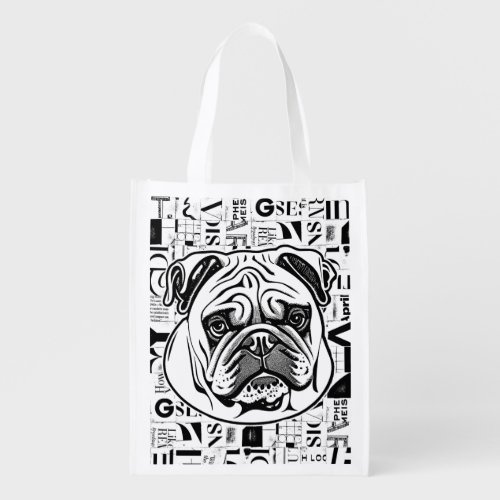 English Bulldog Portrait Illustration Grocery Bag
