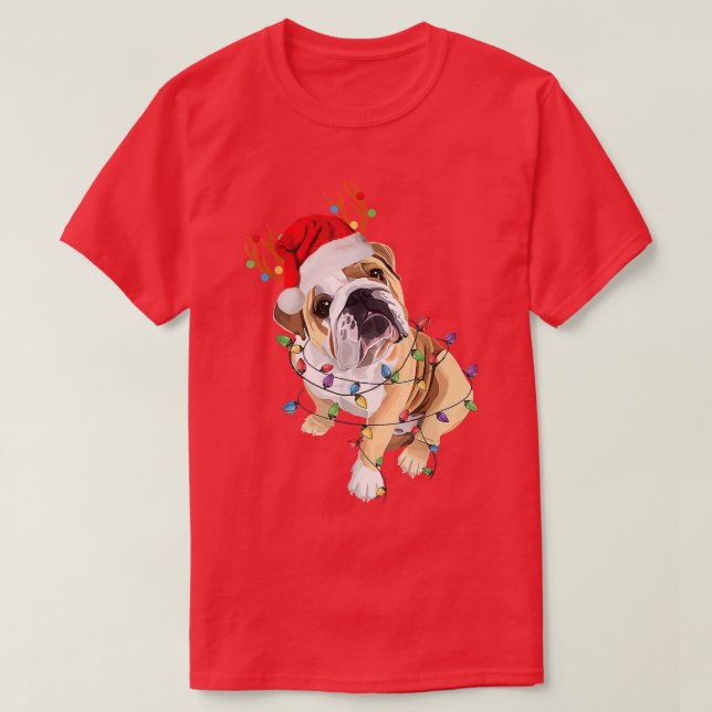 English Bulldog Reindeer Santa Hat Christmas Light T-Shirt (Design Front)