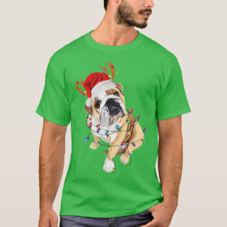 English Bulldog Reindeer Santa Hat Christmas Light T-Shirt