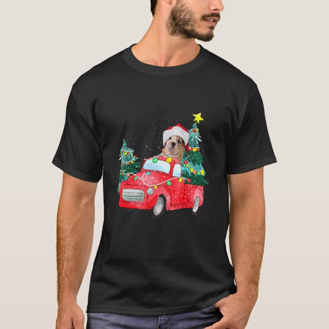 English Bulldog Ride Red Truck Christmas Dog  Paja T-Shirt (Front)