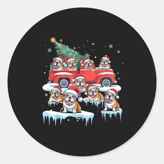 English Bulldog Riding Red Truck Ugly Sweater Chri Classic Round Sticker (Front)
