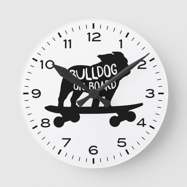 English Bulldog Riding Skateboard Bulldog on Board Round Clock (Front)