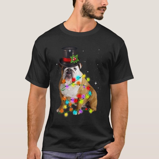 English Bulldog Santa Christmas Tree Lights Xmas B T-Shirt (Front)