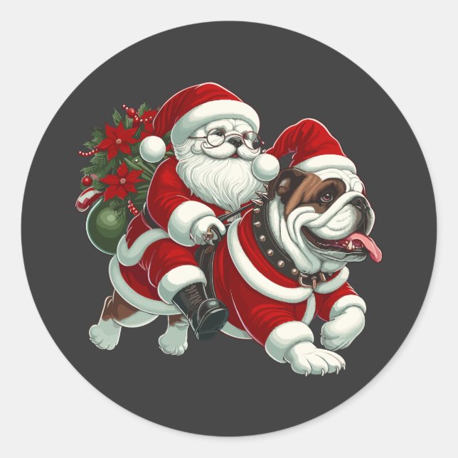 English Bulldog Santa Christmas Tree Lights Xmas  Classic Round Sticker (Front)