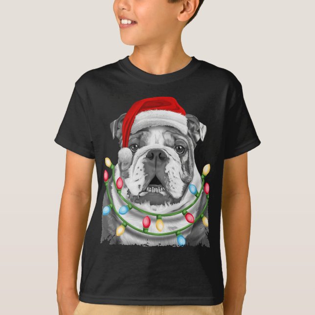 English Bulldog Santa Christmas Tree Lights Xmas D T-Shirt (Front)