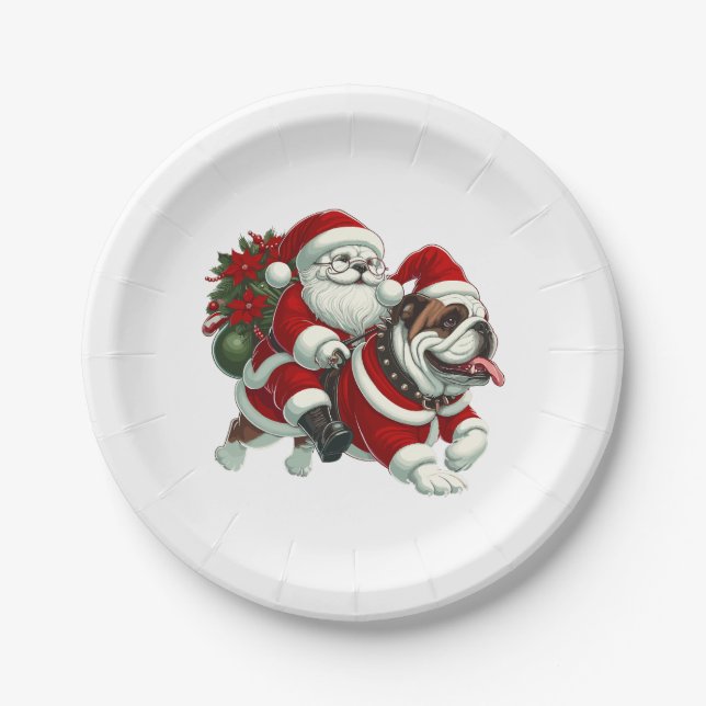 English Bulldog Santa Christmas Tree Lights Xmas  Paper Plates (Front)