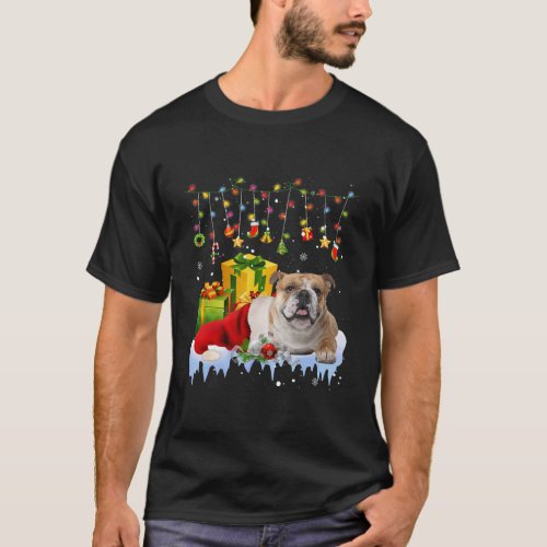 English Bulldog Santa Hat Christmas Lights T_Shirt