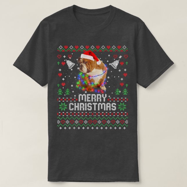 English Bulldog Santa Hat Dog Christmas Tree Light T-Shirt (Design Front)