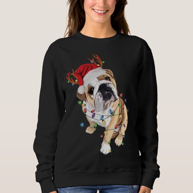 English Bulldog Santa Hat Reindeer Christmas Light Sweatshirt (Front)