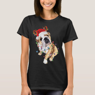 English Bulldog Santa Hat Reindeer Christmas Light T-Shirt
