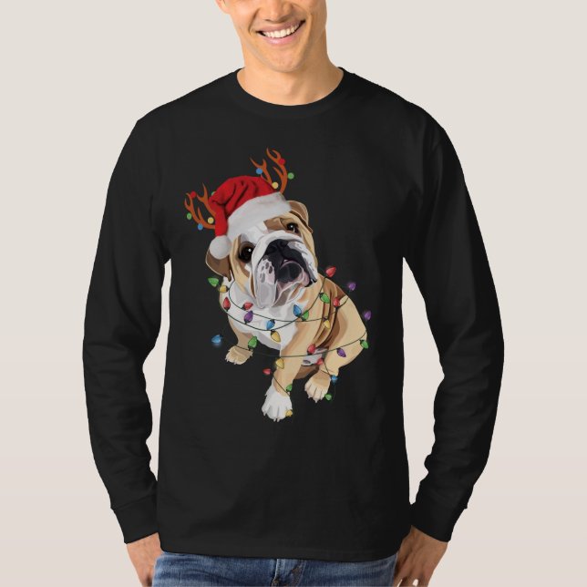English Bulldog Santa Hat Reindeer Christmas Light T-Shirt (Front)