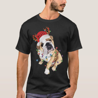 English Bulldog Santa Hat Reindeer Christmas Light T-Shirt