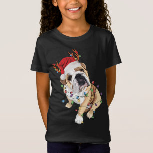 English Bulldog Santa Hat Reindeer Christmas Light T-Shirt