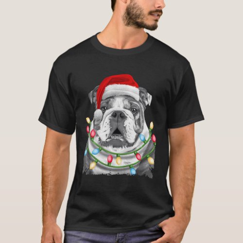 English Bulldog Santa Tree Lights Dog T_Shirt