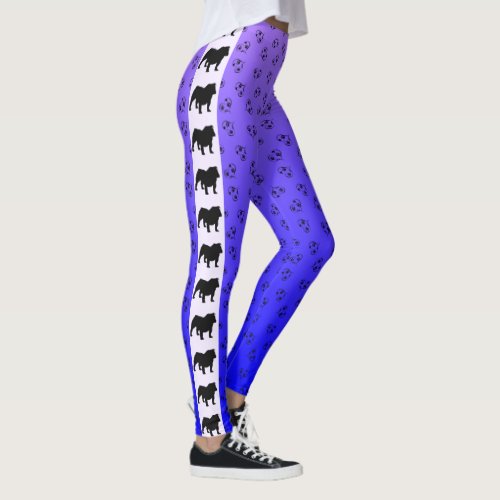 English Bulldog Silhouette Blue Purple Ombre Leggings