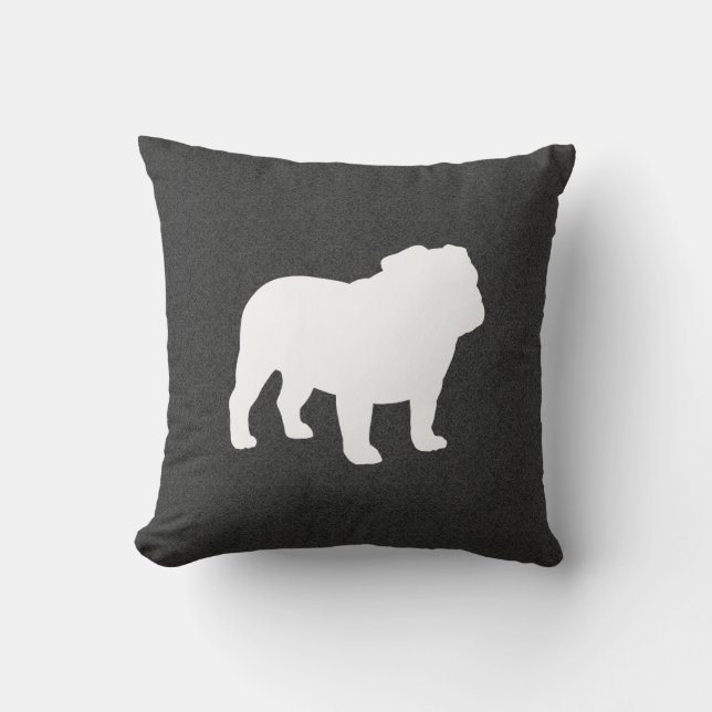 English Bulldog Silhouette Dark Grey and White Throw Pillow (Front)