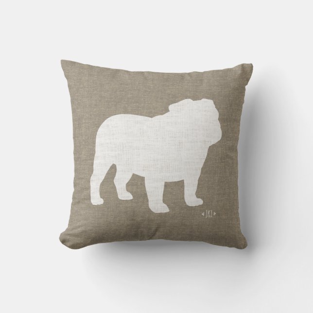 English Bulldog Silhouette Faux Linen Dog Lover's Throw Pillow (Front)