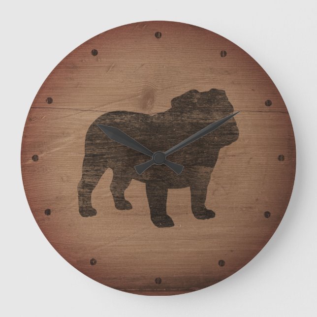 English Bulldog Silhouette Faux Weathered Wood Large Clock (Front)