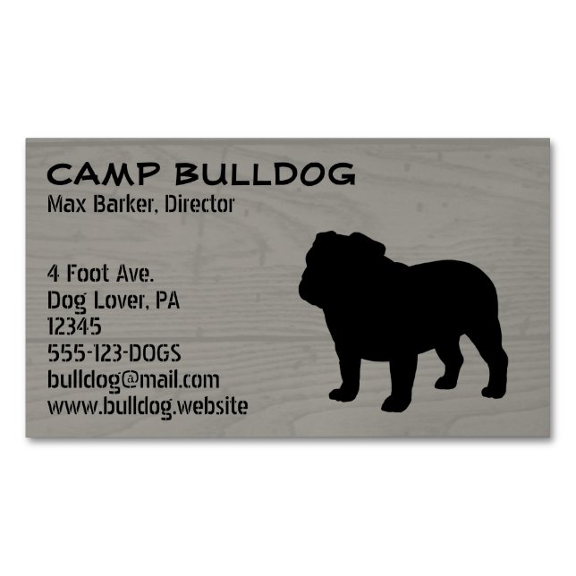 English Bulldog Silhouette Faux Wood Grain Business Card Magnet (Front)
