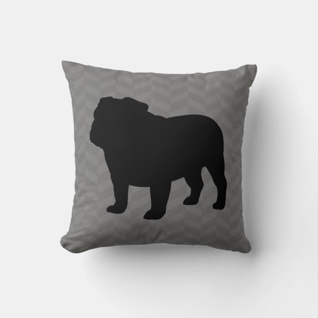 English Bulldog Silhouette on Grey Herringbone Throw Pillow (Front)