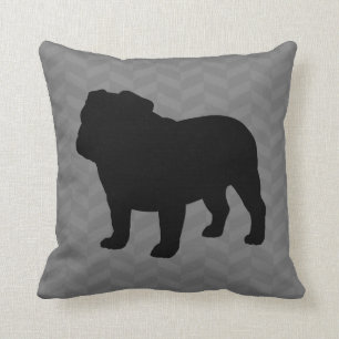 English Bulldog Silhouette on Grey Herringbone Throw Pillow