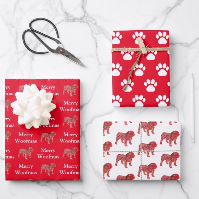 English Bulldog Silhouette Red Merry Woofmas Wrapping Paper Sheets (Front)