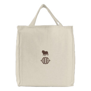English Bulldog Silhouette with Custom Monogram Embroidered Tote Bag
