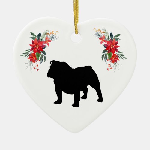 English Bulldog Silhouette with Name Poinsettia Ceramic Ornament