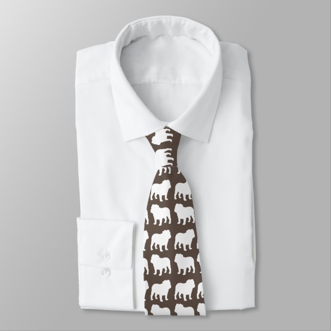 English Bulldog Silhouettes Brown and White Neck Tie (Tied)