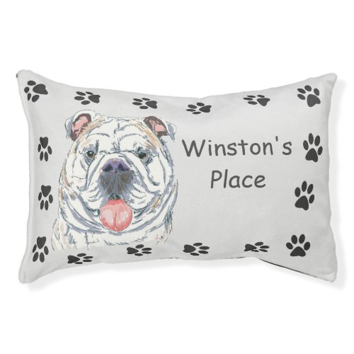 English Bulldog Smiling Dog Paw Print Personalized Pet Bed