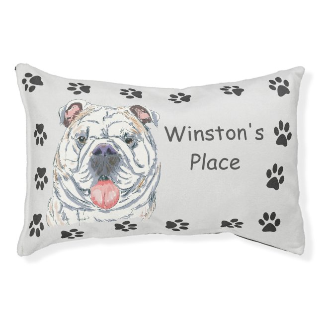English Bulldog Smiling Dog Paw Print Personalized Pet Bed (Front)
